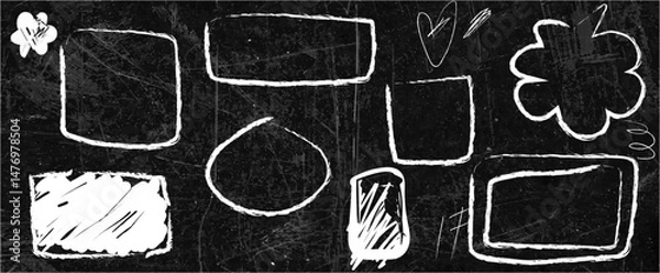 Obraz A set of chalk drawn shapes on the school blackboard. rough rectangles, circles, hearts, flowers and doodles in doodle style. Grunge texture.