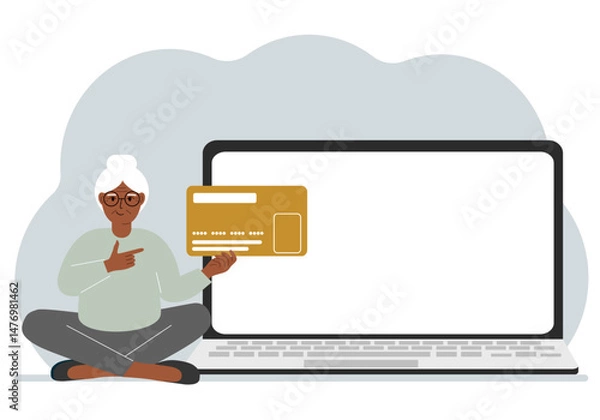 Fototapeta A woman sits cross-legged and holds a large plastic card. Next to the woman is a large laptop with space for text.