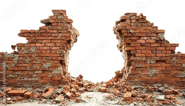 Obraz Broken red brick wall debris against white background.