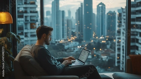 Fototapeta A man is seated on a couch, working on a laptop.