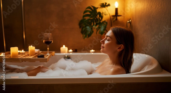 Fototapeta Relaxing woman enjoys a soothing bubble bath surrounded by candles in a modern bathroom atmosphere