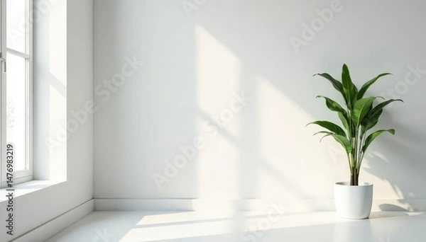 Fototapeta Minimalist white room with single potted plant, sunlight streaming through window Simple, clean, modern interior design , green, plant