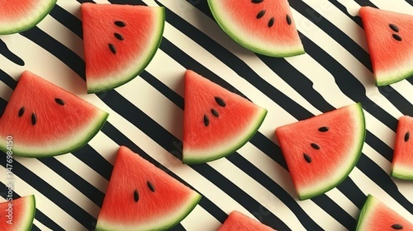 Fototapeta A vibrant photo showcases a collection of watermelons arranged on a striped background. The image features a colorful display of these fruits.