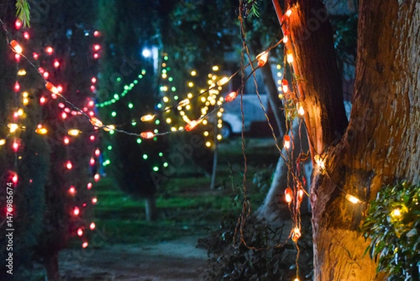 Obraz lighting on tree at night, Night theme garden decoration with tree decorated with light bulb, Wedding ceremony evening with candles and lamps in the coniferous pine forest