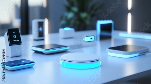 Fototapeta The photo shows a table displaying a variety of electronic devices. There appears to be a collection of different gadgets and devices on the table.