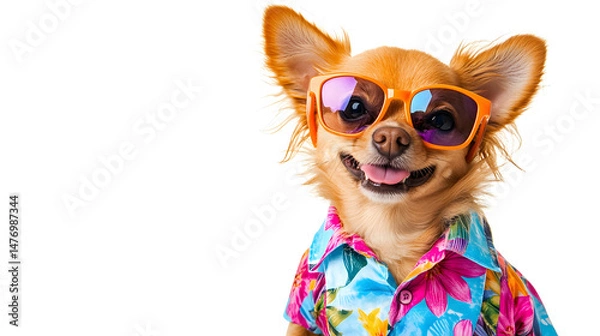 Fototapeta Smiling chihuahua wearing sunglasses and a Hawaiian shirt, isolated on white