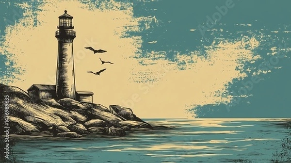 Fototapeta A lone lighthouse stands on a rocky shore, with a bird soaring above it. The image captures a tranquil scene of coastal beauty.