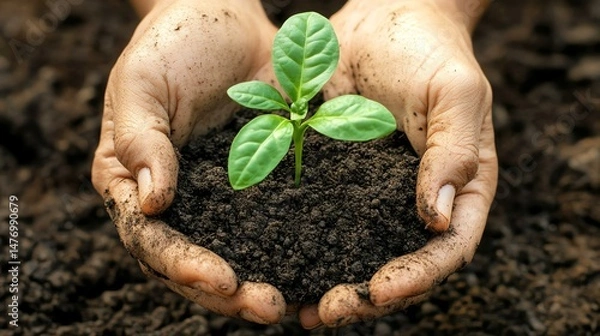 Fototapeta A person is holding a small plant in a pot of soil.