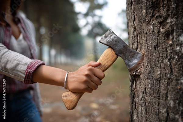 Fototapeta Woman chopping wood with an axe in a forest during daytime for outdoor activities