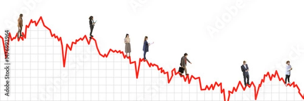 Fototapeta Contemporary collage. Red graph line cutting through 3D space with professionals standing scattered on grid. Decline in economy visualized as shared landscape. Concept of economic, finance, crisis.