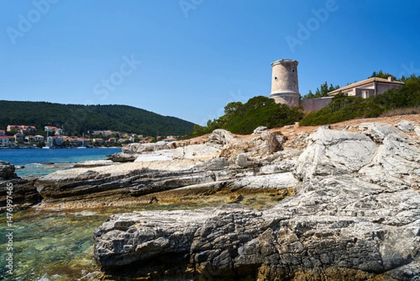 Obraz ruins of the historical lighthouse in Fiskardo on the island of Kefalonia