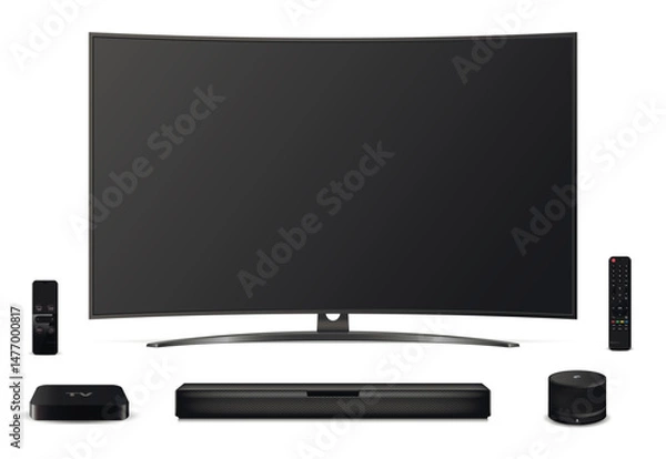 Obraz Curved television screen, remote control, soundbar, tv set-top box and smart speaker.