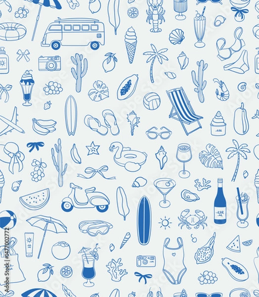 Fototapeta Seamless pattern of summer vacation illustrations. Line art, ink, minimalist style. Vector illustration. Summer collection.