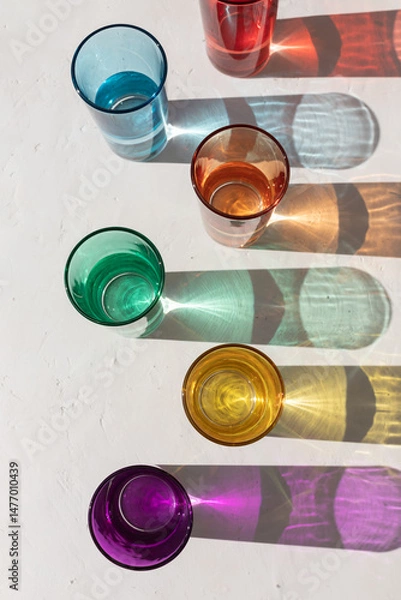 Obraz Transparent colorful glasses with sun shadows on harsh light on the white concrete background