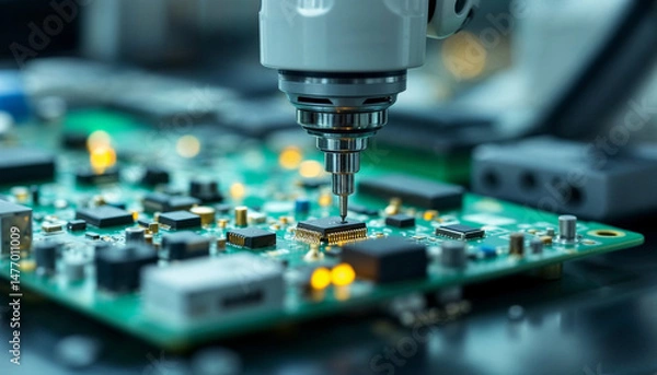 Obraz Robotic arm places components on circuit board with precision and detail.








