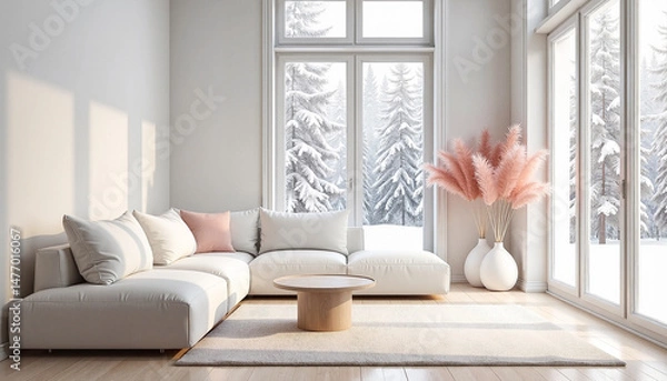 Fototapeta Serene Scandinavian-inspired winter living room with a white modular sectional sofa and snowy forest view, promoting tranquility and minimalism.