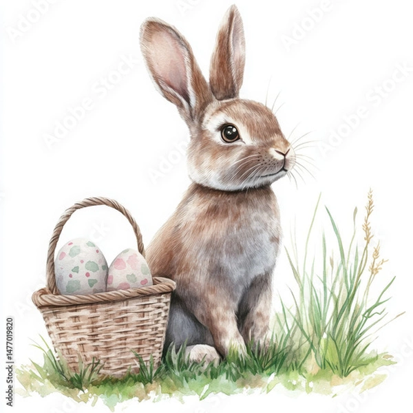 Fototapeta Rabbit and eggs looks adorable in basket celebrating holiday joy