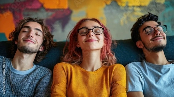 Fototapeta Three young adults relaxing together on a couch with eyes closed and smiles on their faces indoors