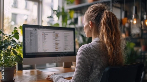 Fototapeta Woman with ponytail working on a desktop computer at a wooden desk with plants in the background