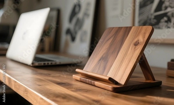 Obraz Handcrafted Wooden Book Stand on Desk with Laptop and Framed Artwork in Natural Light