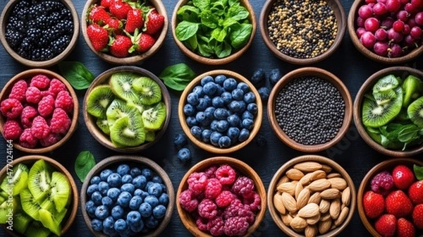 Fototapeta Overhead shot of wooden bowls filled with various fruits, seeds, and nuts on a dark background