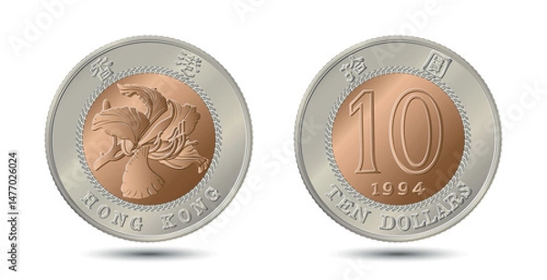 Fototapeta Reverse and obverse of Hong Kong coins 10 dollars 1994 years.  Vector illustration.