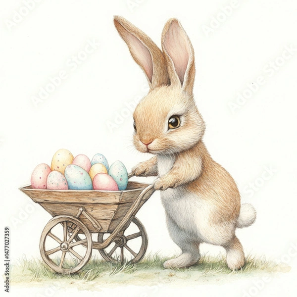 Obraz Bunny pushes wheelbarrow cheerfully with eggs, brimming with Easter joy