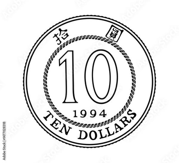 Fototapeta Reverse of Hong Kong coins 10 dollars 1994 years. The coin is depicted in black and white. Vector illustration. 