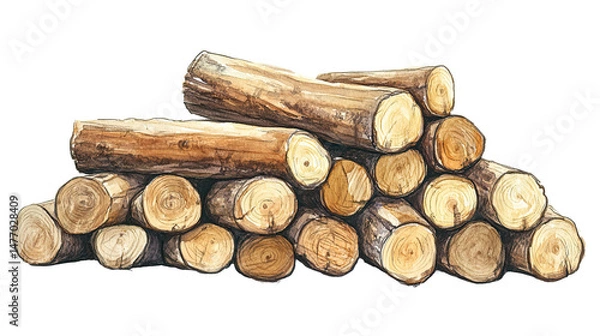 Fototapeta Stack of natural wooden logs with visible tree rings isolated on white transparent background