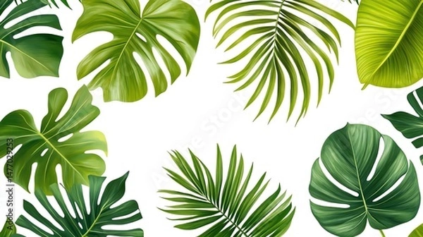 Fototapeta A seamless pattern of vibrant green tropical leaves cascades across the image, creating a lush and tranquil natural texture.