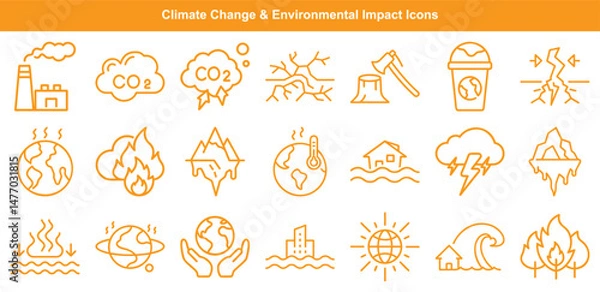 Obraz Climate Change Impact Icon Set Global Warming, Pollution, Deforestation, and Natural Disasters