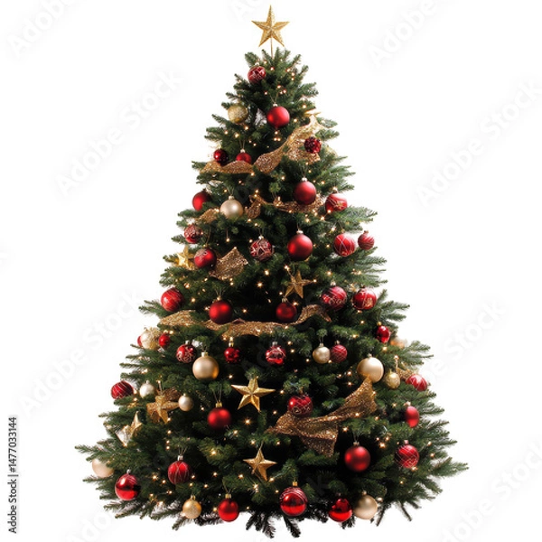 Obraz Isolated Decorated Christmas Tree with Red and Gold Ornaments