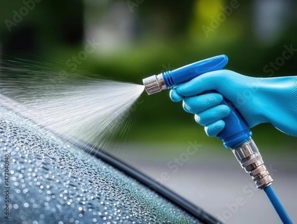 Obraz A gloved hand sprays water onto a wet, glistening surface, cleaning a car or other object.