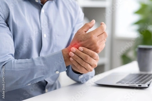 Obraz Close-up of a man holding his wrist in pain, highlighted with a red glow, indicating wrist pain while working at a desk.