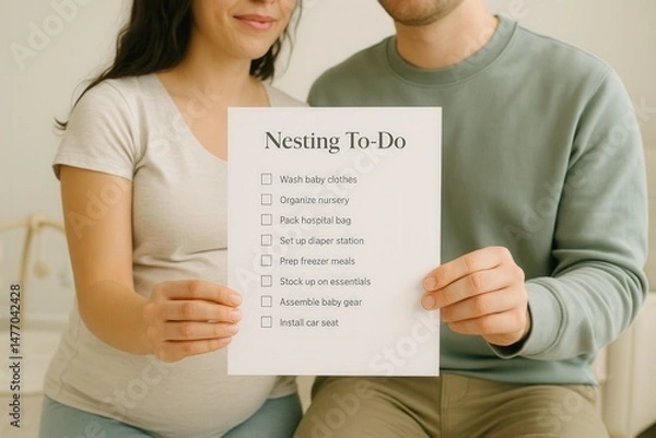 Fototapeta Expectant couple holding nesting to do list for baby preparation in cozy home setting