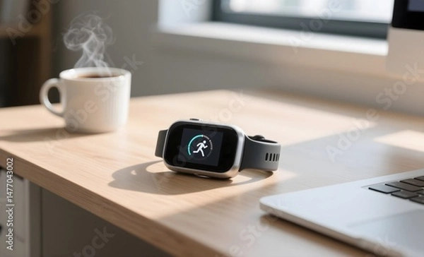 Obraz Morning Wellness Routine: Fitness Tracker with Step Counter Display on Wooden Desk with Coffee and Laptop