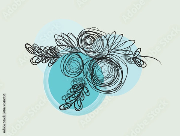 Obraz Abstract Floral Design with Teal Circles and Black Line Art