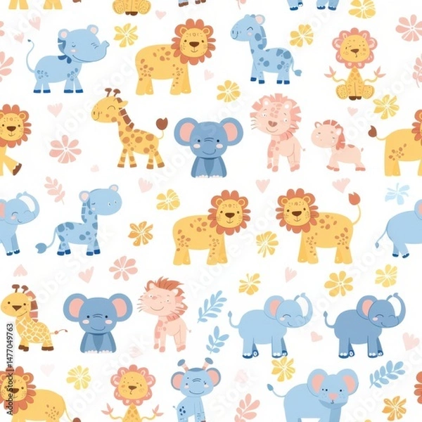 Fototapeta seamless pattern of cartoon African animals, including lion, giraffe, elephant, zebra, and hippo, pastel color palette