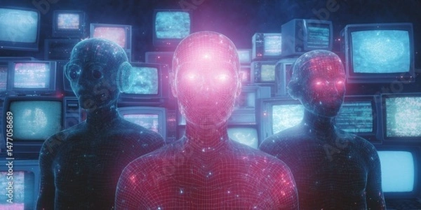 Fototapeta Futuristic cybernetic figures in neon glow with retro screens background