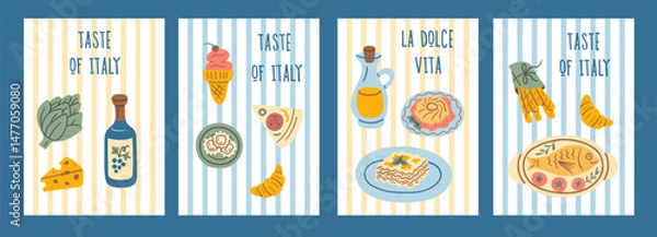 Fototapeta Playful doodle cards featuring colorful illustrations of Italian cuisine including pasta, wine, seafood, cheese, artichoke, and ice cream, perfect for culinary-themed design and food lovers.
