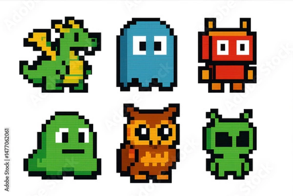 Obraz Colorful Pixel Art Characters in Retro Video Game Style Display