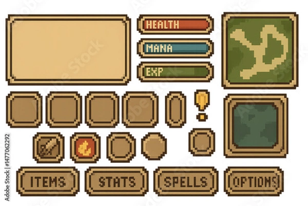 Obraz Vintage Pixel Game Interface with Health, Mana, and Options Menu