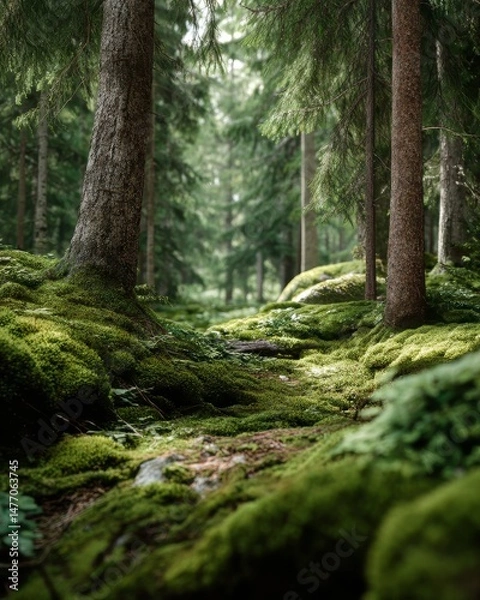 Fototapeta Exploring the Beauty of Boreal Forests: Mossy Trees and Rich Ecosystems for Future Generations