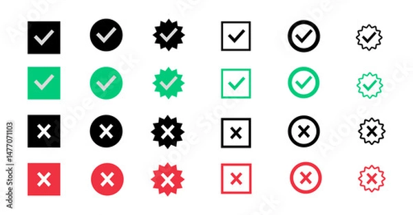 Fototapeta Right or wrong icons. Green tick and red cross checkmarks. Yes or no symbol, approved or rejected icon for user interface. Tick, cross signs. checkmark OK red X