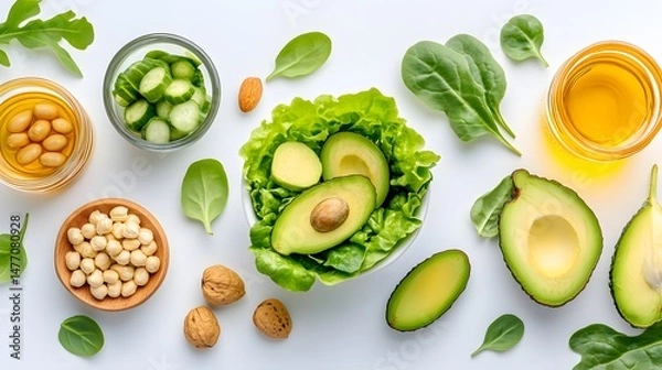 Obraz A vibrant arrangement of fresh ingredients highlighting avocados, leafy greens, nuts, and healthy oils, perfect for promoting nutritious and plant-based meal options.