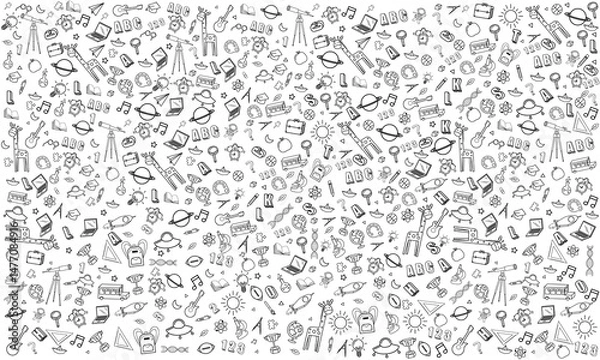 Fototapeta Concept of education School background chalkboard with different stuff. Welcome back to school design vector.