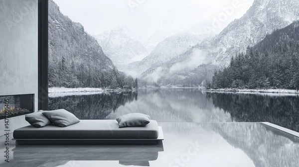 Fototapeta Modern Interior Overlooking Snowy Mountain Lake in Winter Serene Minimalism Gray Tones Reflective Surface Tranquil Scene