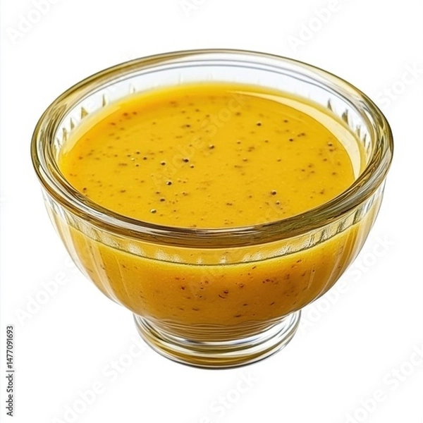 Fototapeta Mustard Dressing in Glass Bowl Close Up Isolated on White Background Delicious Condiment for Salad or Sandwich Ingredient