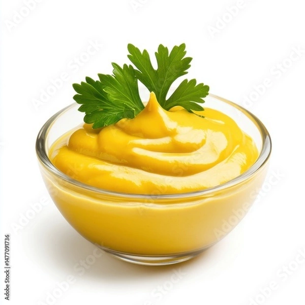 Fototapeta Mustard in glass bowl topped with parsley sprig studio shot on white background close up food photography