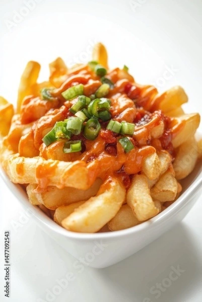 Fototapeta Close up of delicious french fries topped with spicy sauce and green onions in a white bowl on a white background
